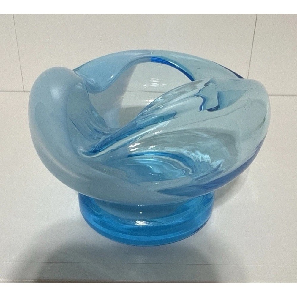 Vintage Ashtray MCM Hand Blown Blue Art Glass Bowl Viking Blenco Free Form Style